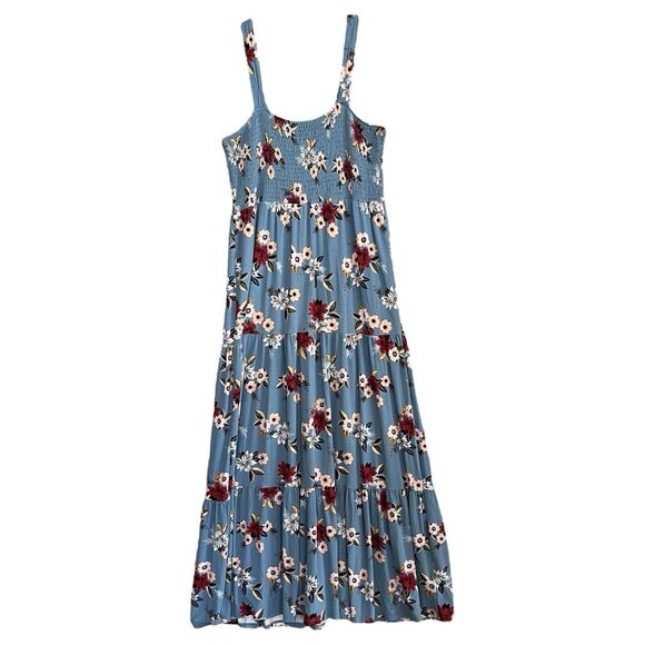Loft Tiered Smocked Maxi Dress Womens Large Petite Blue Floral Sleeveless Beachy - Picture 6 of 12